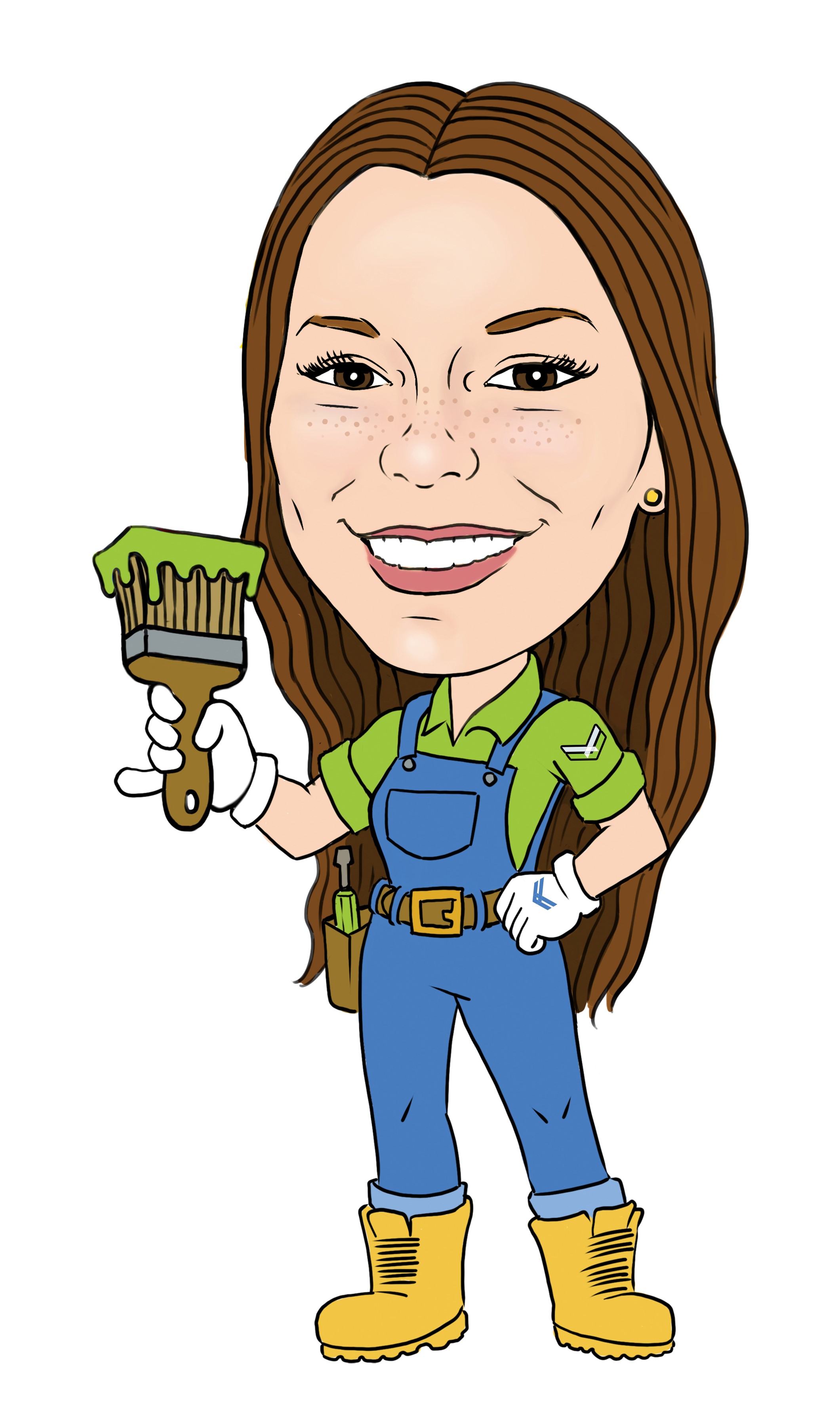Ally Roberts caricature. D.I.Y and holding paintbrush dipped in green paint.