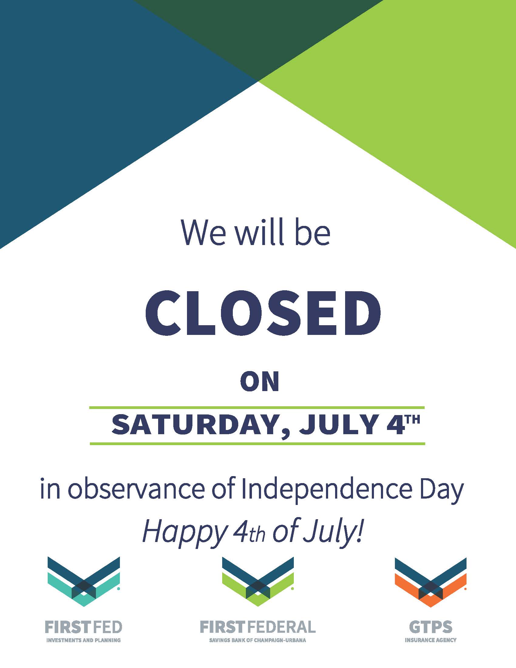We will be closed on Saturday, July 4th in observance of Independence Day. Happy 4th of July!