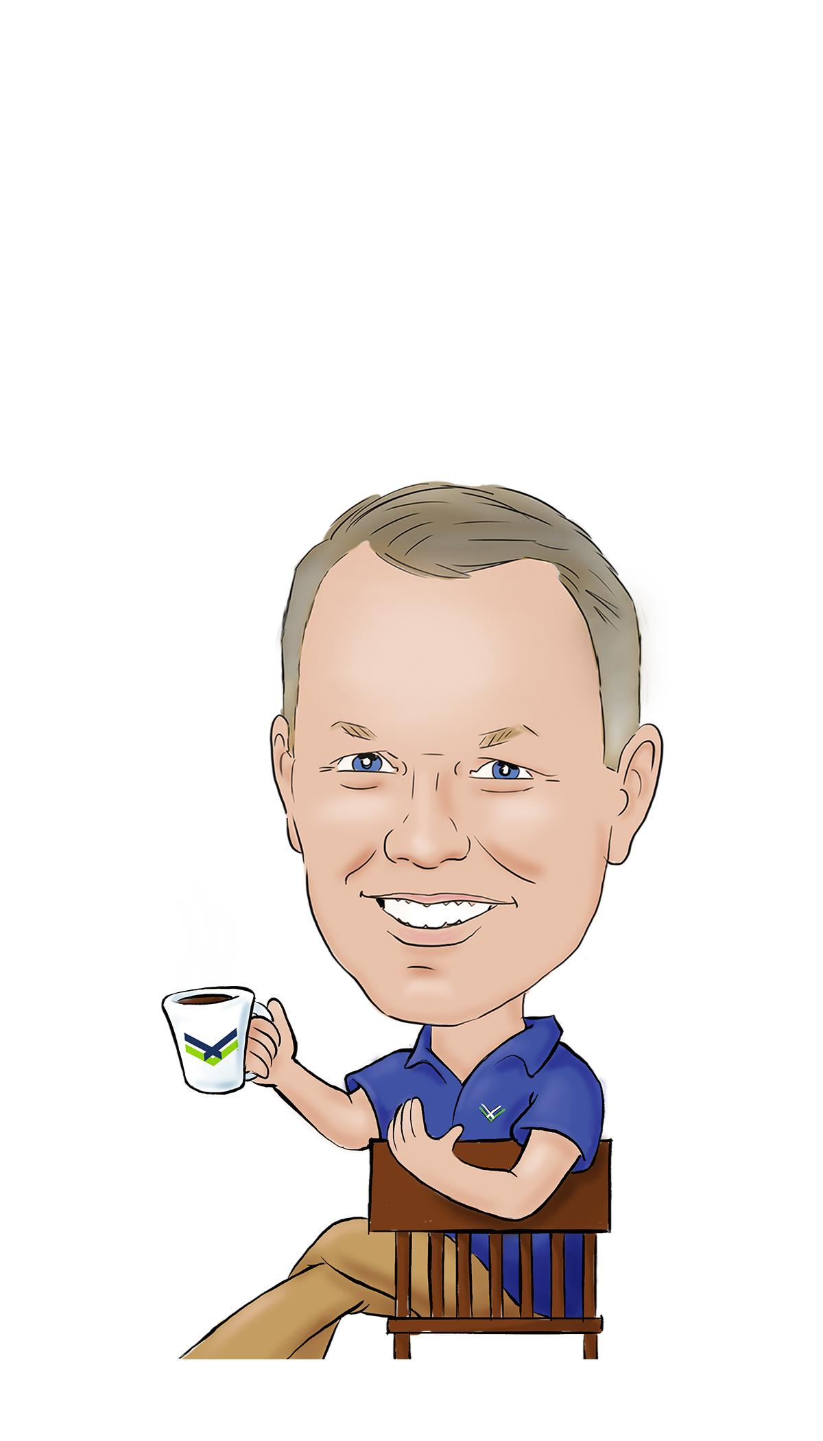 Jim McMurry caricature seated and holding a cup of coffee.