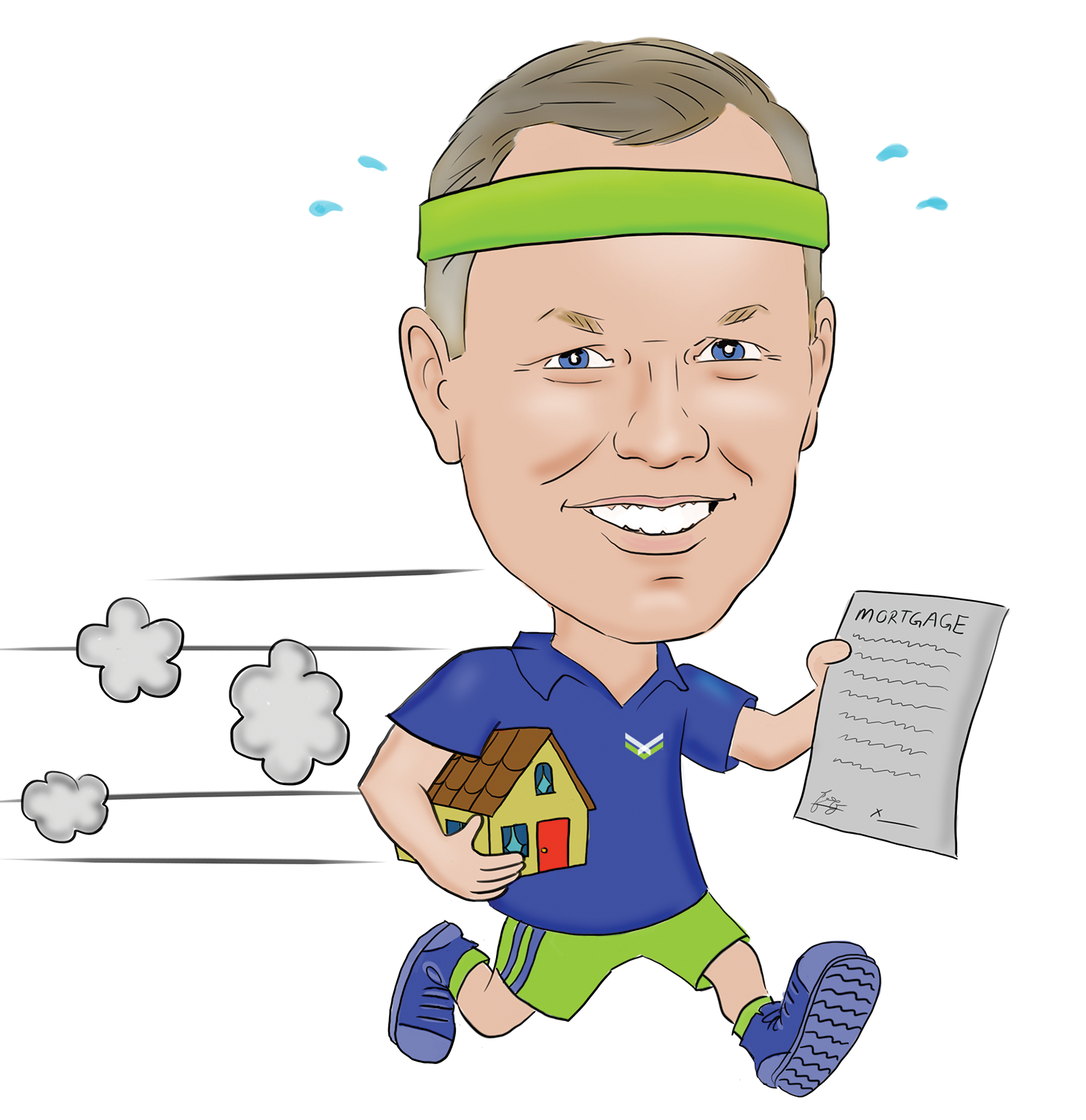 Jim McMurry caricature running, document in left hand & toy house under right arm. Green headband.
