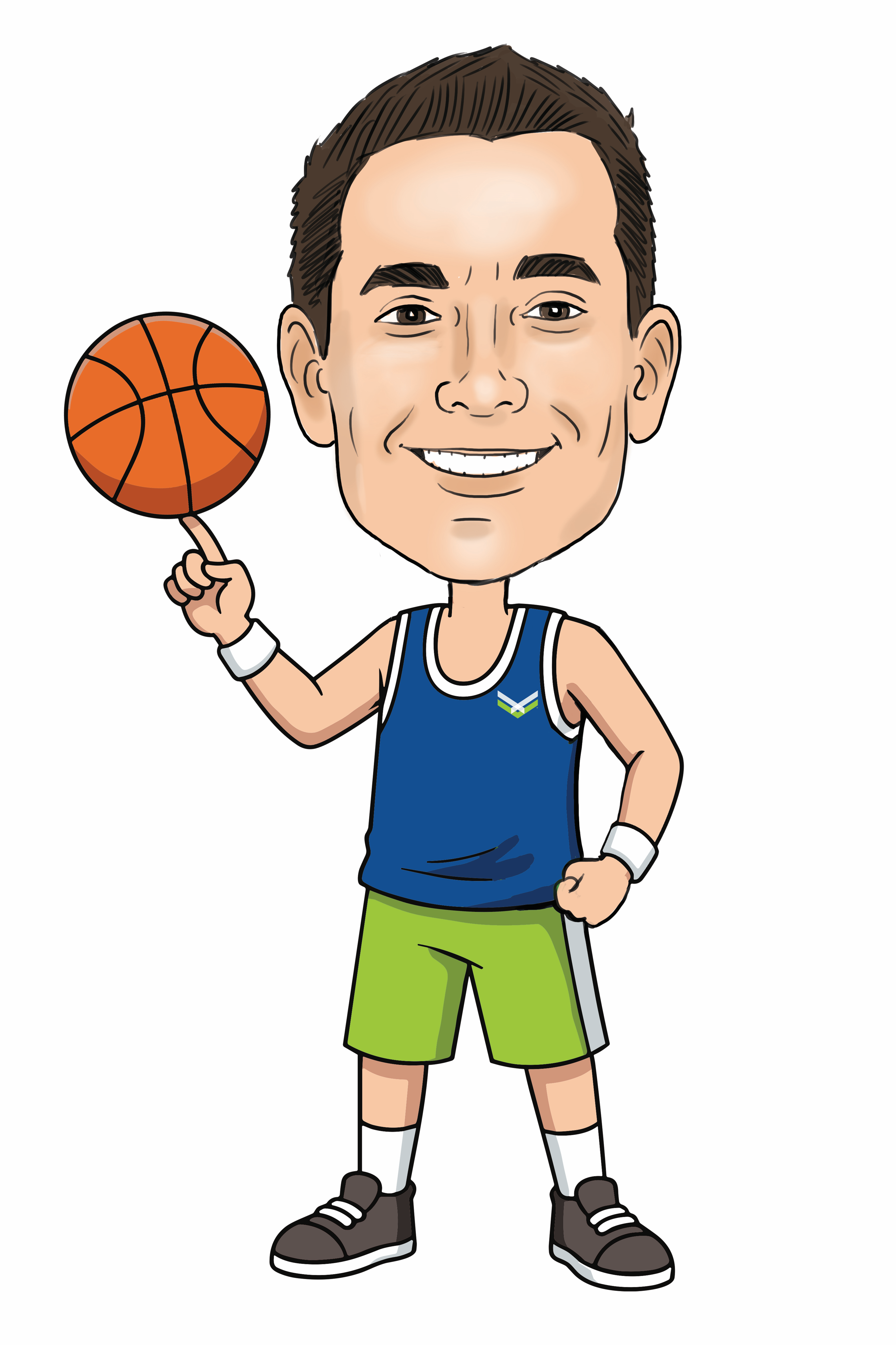 Derek Piper caricature image. Basketball balanced on right index finger.