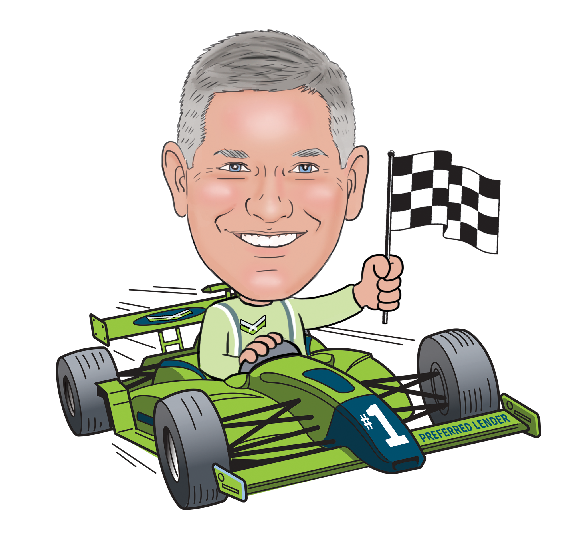 Jason Eyman caricature. Seated in open wheel single seat race car. Holding checkered flag.