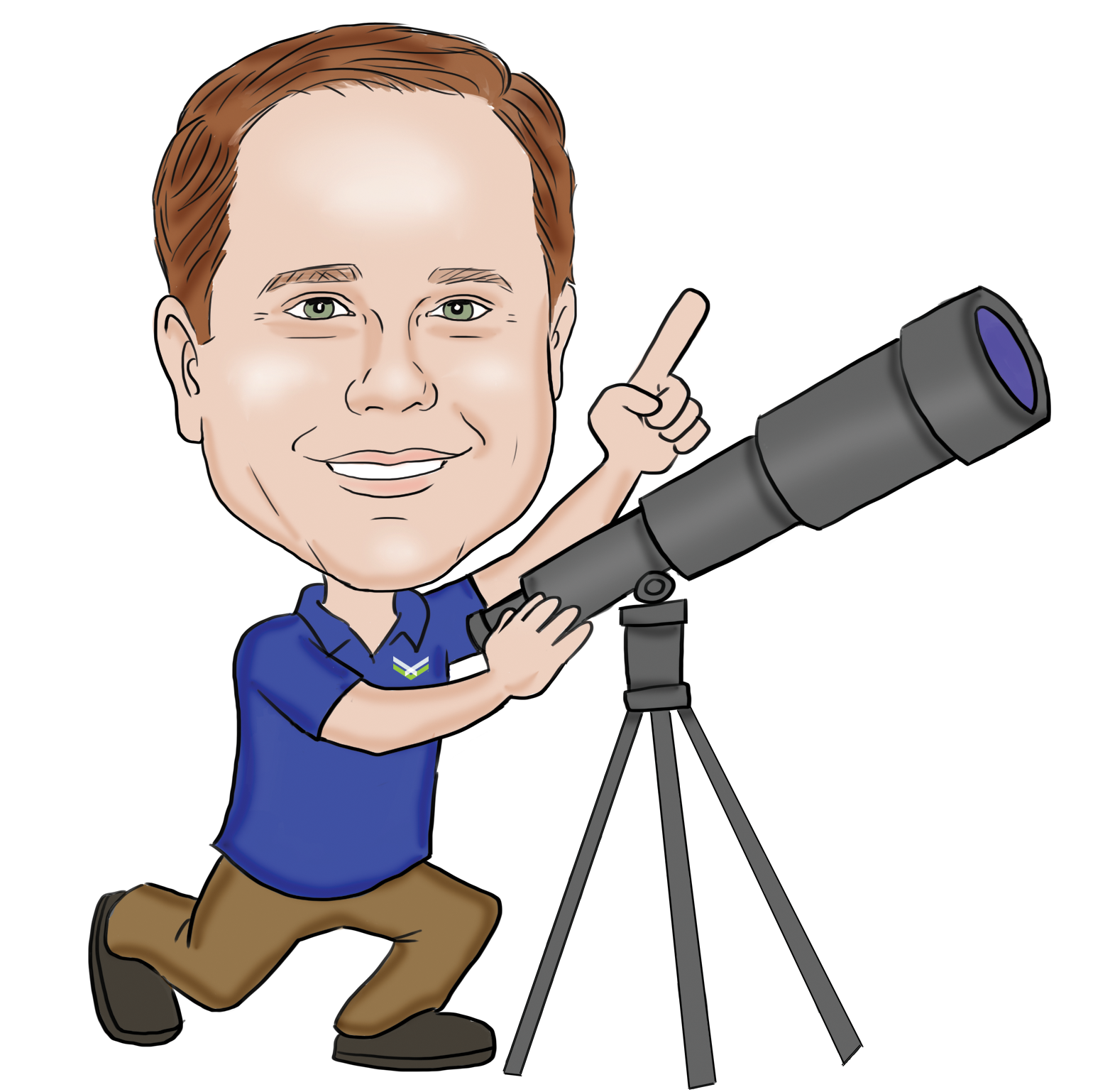 Just Davis caricature. With black telescope and finger pointing toward sky.