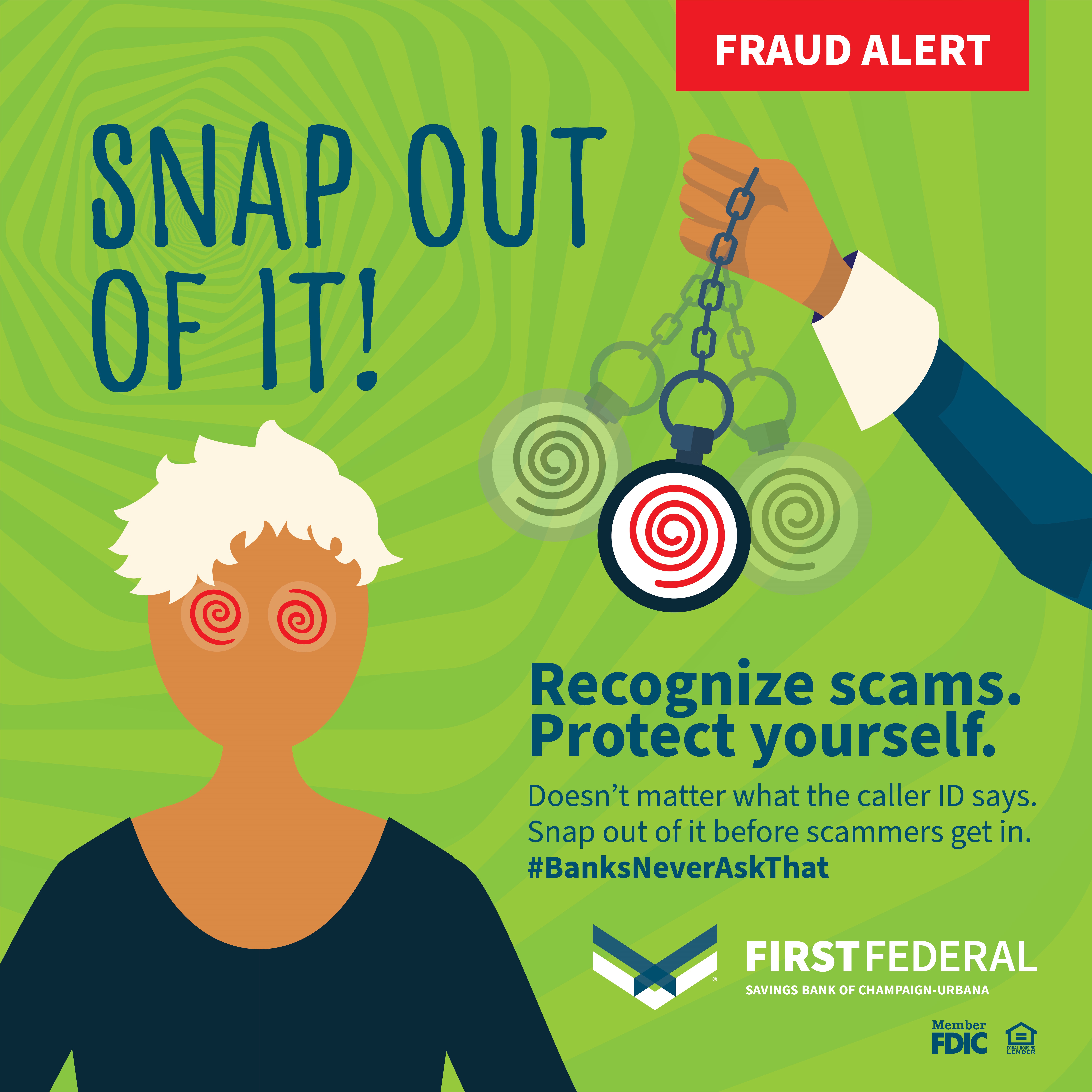 Fraud Alert graphic of person in trance & waving pocket watch. Recognize scams. Protect yourself.